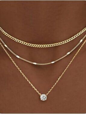 Layered Gold Necklace Set Women Cuban Chain Choker Pendant Birthstone